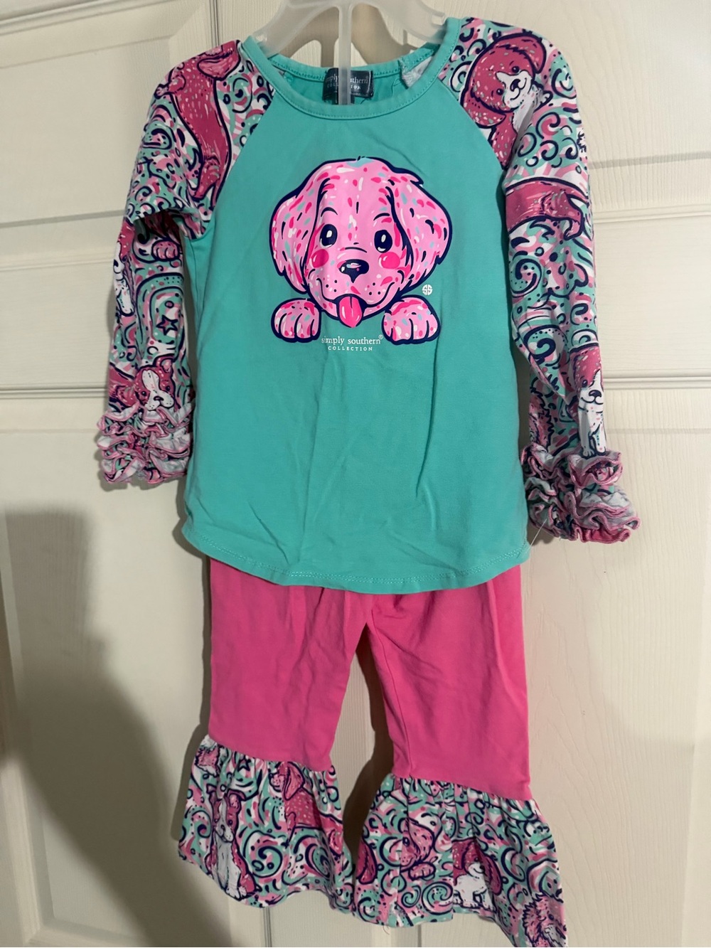 Simply Southern Turquoise & Pink Puppy Ruffle Pajama Set